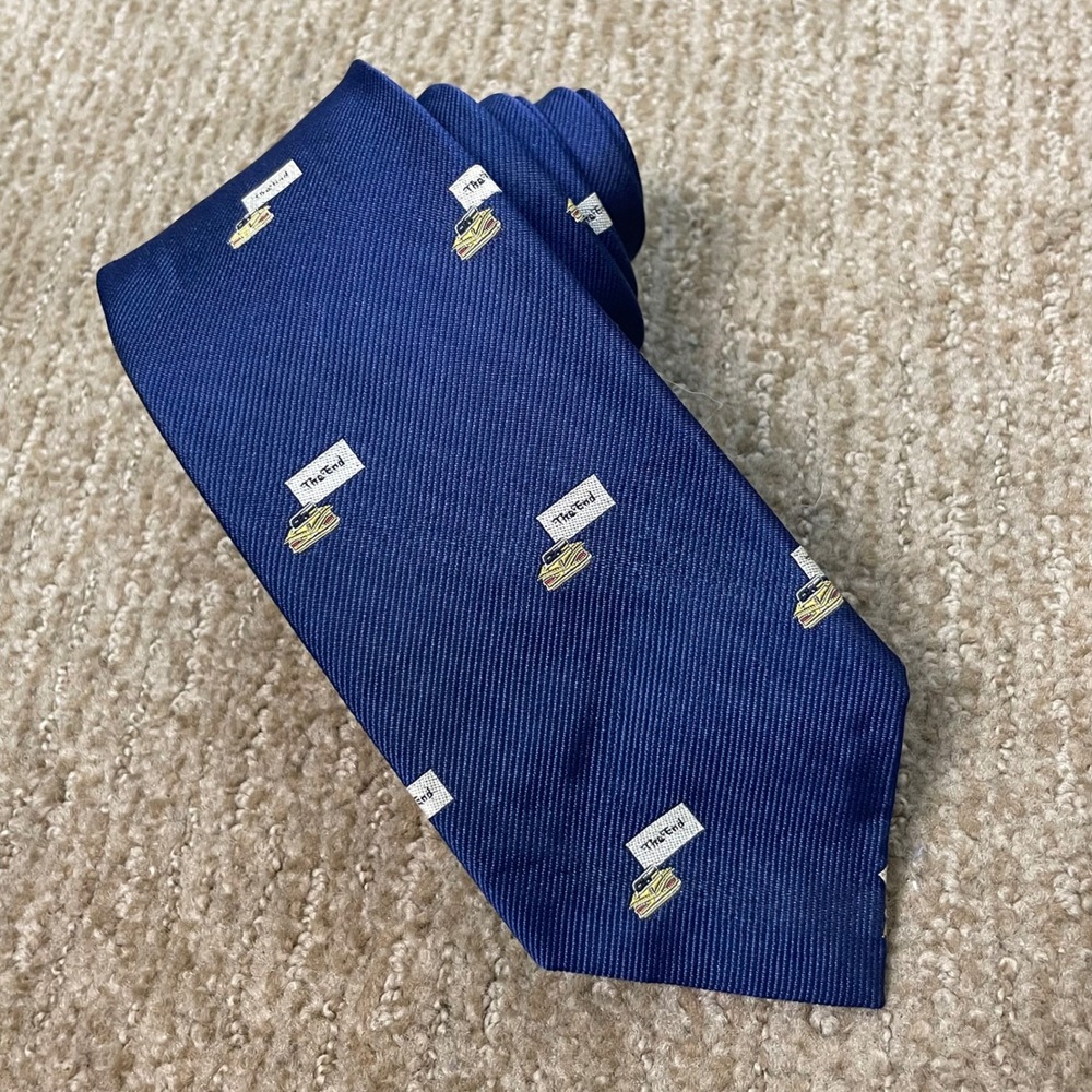 J. Crew Mens Blue Silk All Silk Tie Preppy Novelty Movie Night Yellow Car